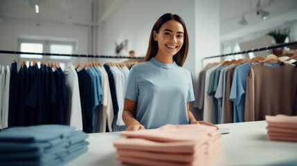 Woman working at a clothing retail store - obrazy, fototapety, plakaty