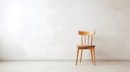 wooden chair standing on empty white wall background