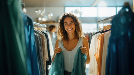 Woman shopping for clothes, trying on clothes, looking around a clothing store