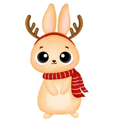 Rabbit Bunny Christmas Winter Season Clipart Illustration Digital Painting. Element Decoration Art Cartoon Isolated Pet Smile Happy Character Reindeer Hat