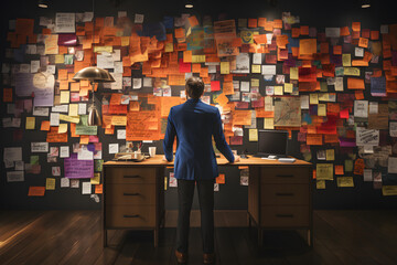 Man infront desk and wallet full of stiky notes makes plans ai generated art. 