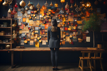 Woman stand infron  a sticky note wall, makes resolutions for the new year ai generated art. - obrazy, fototapety, plakaty