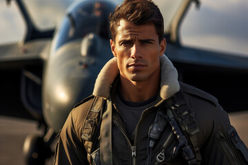 Portrait of a frowning pensive air force military man pilot against background of a fighter jet outdoors