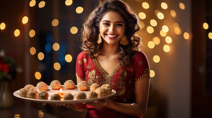 Beautiful indian woman holding plate with laddoo sweets celebrating diwali festival