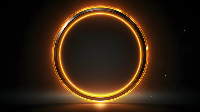 shiny and glowing golden ring flying on dark background