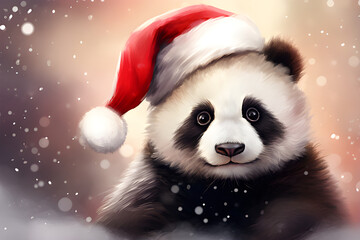 Fototapeta na wymiar Little Panda In a red Santa Claus outfit, there is a gift box, a Christmas tree, and ornaments in the background.