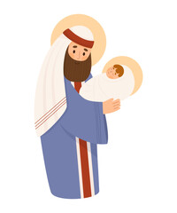 Christmas. Saint Joseph the Betrothed with baby Jesus Christ. Holy Forefather. Vector illustration in cartoon flat style for design religious themes, Catholic and Christian holidays