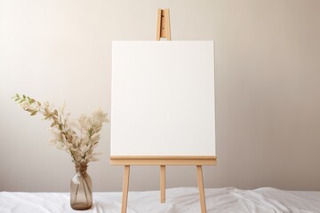 wedding sign on an easel, in the style of modern naturalism, light white and light brown, soft muted tones, serene simplicity