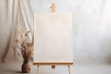 wedding sign on an easel, in the style of modern naturalism, light white and light brown, soft muted tones, serene simplicity