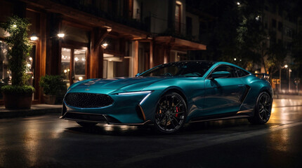 Fototapeta premium Luxury futuristic blue sports car at night on the street