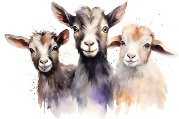 Pygmy Goats Cute Watercolor Art Style - obrazy, fototapety, plakaty