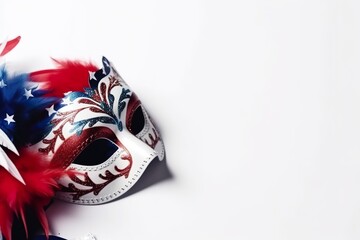 Carnival mask with feathers and beads on a white background. USA Independence Day Carnival