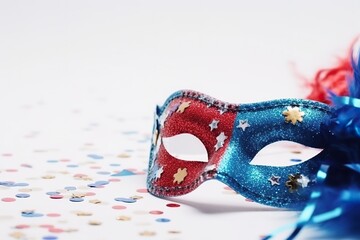 Carnival mask with feathers and beads on a white background. USA Independence Day Carnival