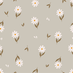 Cute simple daisies seamless pattern. Hand drawn small flowers. Botanical vector background in Liberty style. Floral vector print. Nice neutral design for fabric, T-shirt, baby shower, packaging.