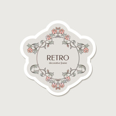 Retro label, sticker. Decorative circular floral frame. Label template.