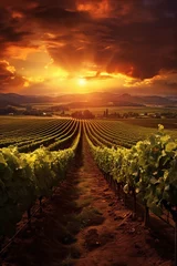 Papier Peint photo Vignoble Generative AI Vineyards at sunset. The concept of agriculture and winemaking. Beautiful natural view of the green rows of vineyards from the ground. Orange dawn sky with clouds.