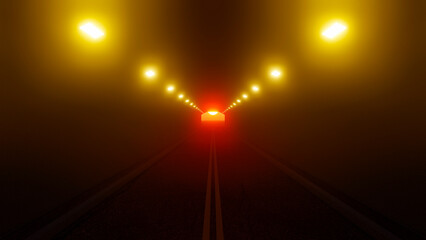 Movement through a car tunnel, brightly lit by lamps.