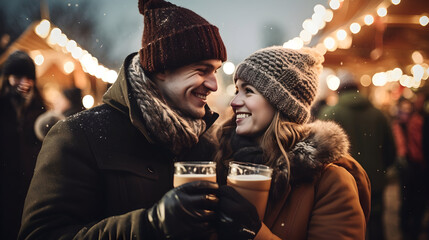The young couple has a date at the snowy Christmas market and enjoys drinks together. - obrazy, fototapety, plakaty