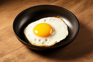 fried egg in black pan on woodle background