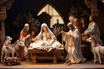 Nativity Scenes: The birth of Jesus, with figurines of Mary, Joseph and the Magi in nativity scene - obrazy, fototapety, plakaty