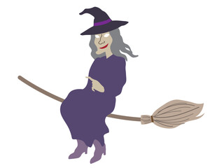 Halloween outlined vector illustration element of cute, fun and spooky flying wicked witch in purple costume pointing left on a broom