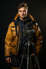 Fototapeta premium Young man using a surveying instrument to measure land and terrain at a construction site, Generative AI