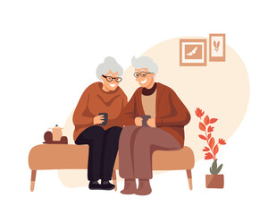 Happy elderly husband and wife drinking tea or coffee, old man and woman chatting in cafe, vector illustration