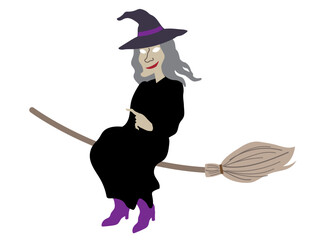 Halloween outlined vector illustration element of cute, fun and spooky flying wicked witch in black costume pointing left on a broom