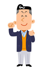 ガッツポーズするジャケットを着た男性の全身
