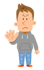 制止するパーカーを着た若者の全身
