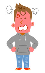 激怒するパーカーを着た若者の全身
