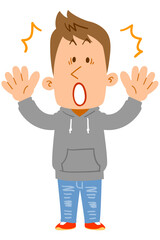 驚くパーカーを着た若者の全身
