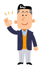 OKのサインを出すジャケットを着た男性の全身
