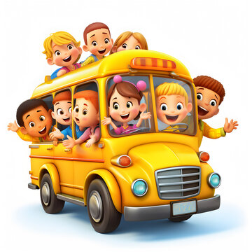 Vibrant 3D School Bus Clip Art with Happy Children, Realistic and Detailed, on Isolated White Background.