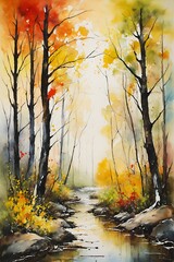 Naklejka na ściany i meble Watercolor Forest Landscape Artistic Natural Beauty