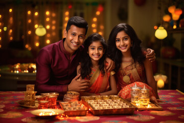 Indian family celebrating diwali festival.