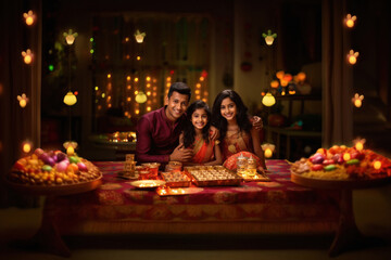 Indian family celebrating diwali festival.
