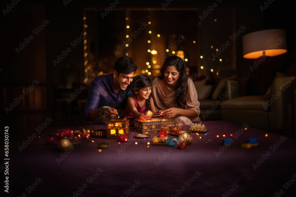 Poster Indian family celebrating diwali festival.