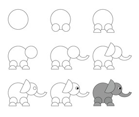 Worksheet easy guide to drawing cartoon elephant. Simple step-by-step drawing tutorial for kids.