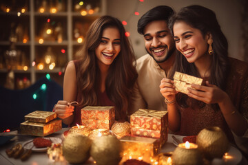 Indian people celebrating diwali festival together at home - Powered by Adobe
