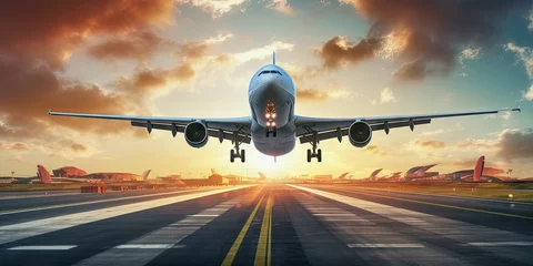 Foto op Canvas Sunset departure. Modern airplane taking off at airport. Aviation adventure. Jet plane ready for takeoff. Passenger flight at sunrise. Business travel. Airliner on runway © Thares2020