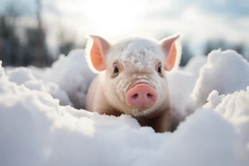 Fotobehang a cute pig playing in the snow © Yoshimura