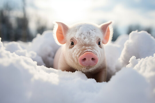 a cute pig playing in the snow