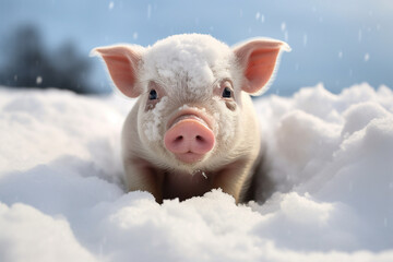 a cute pig playing in the snow - obrazy, fototapety, plakaty