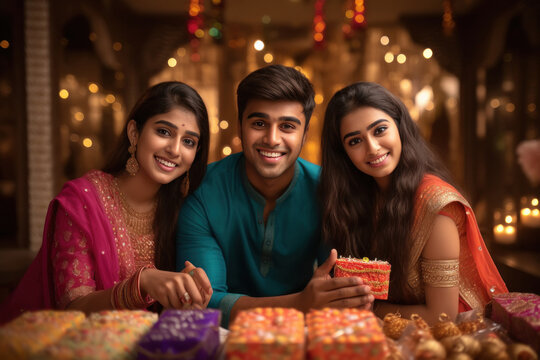 Indian people celebrating diwali festival together at home