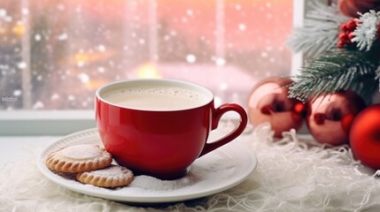 Hot drink in red cup on table near window view with snowy in winter season,New year and Christmas day. Generative Ai