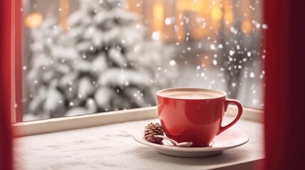 Hot drink in red cup on table near window view with snowy in winter season,New year and Christmas day. Generative Ai
