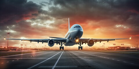 Sunset departure. Modern airplane taking off at airport. Aviation adventure. Jet plane ready for takeoff. Passenger flight at sunrise. Business travel. Airliner on runway - obrazy, fototapety, plakaty