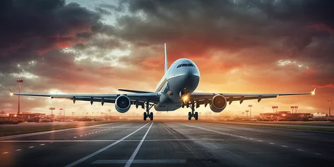 Poster Sunset departure. Modern airplane taking off at airport. Aviation adventure. Jet plane ready for takeoff. Passenger flight at sunrise. Business travel. Airliner on runway © Thares2020