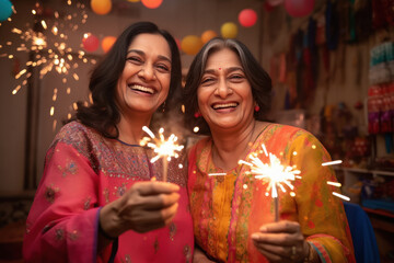 Obraz na płótnie Canvas Indian senior women celebrating diwali festival.